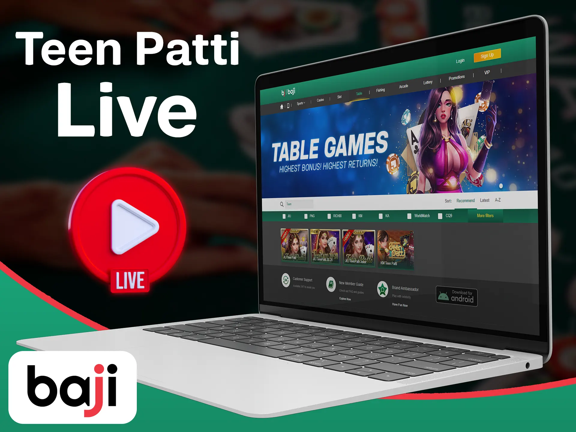 Play teen patti games in live at the Baji.