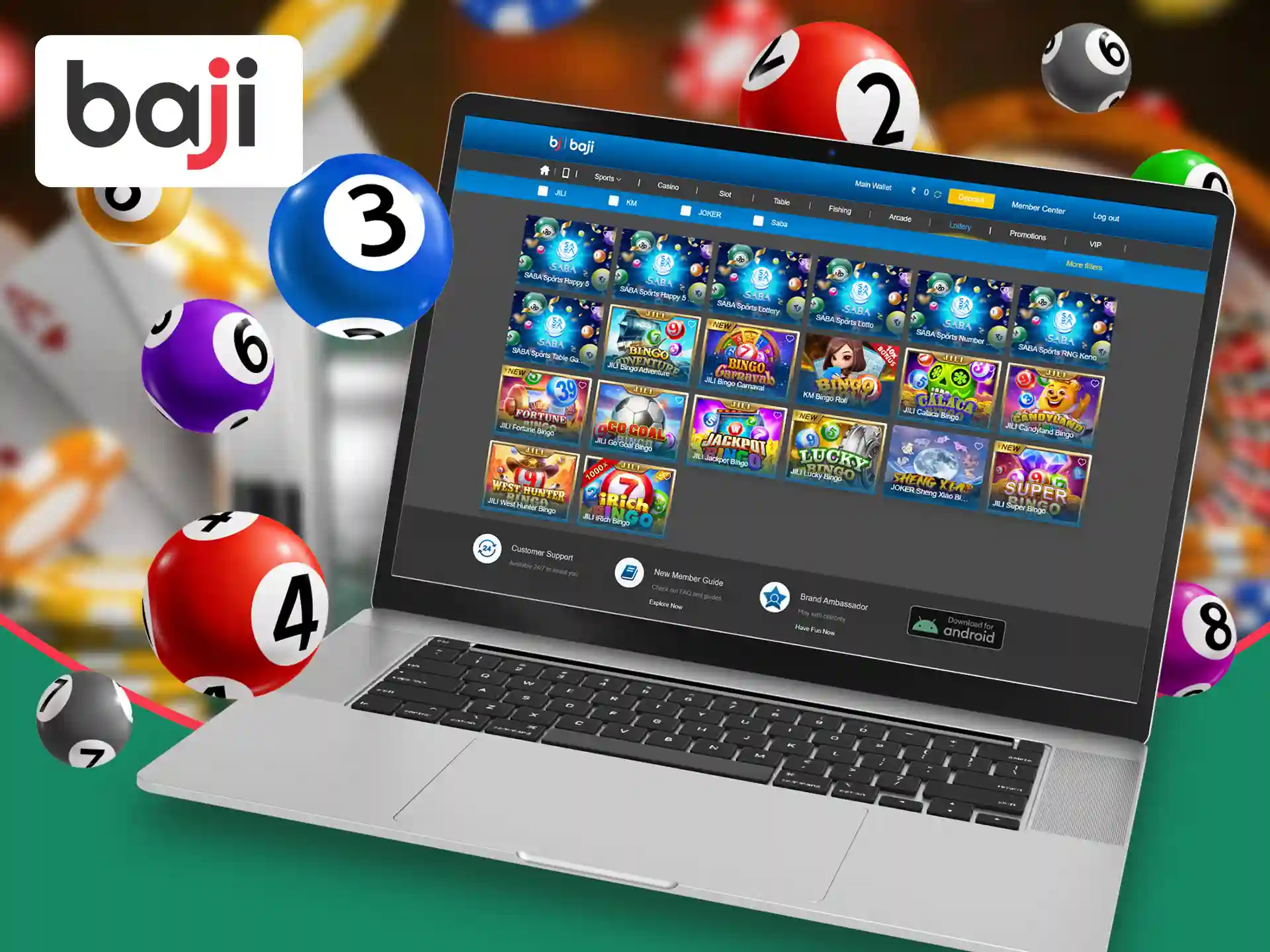 The Baji Bet website features several types of lottery games from popular providers.