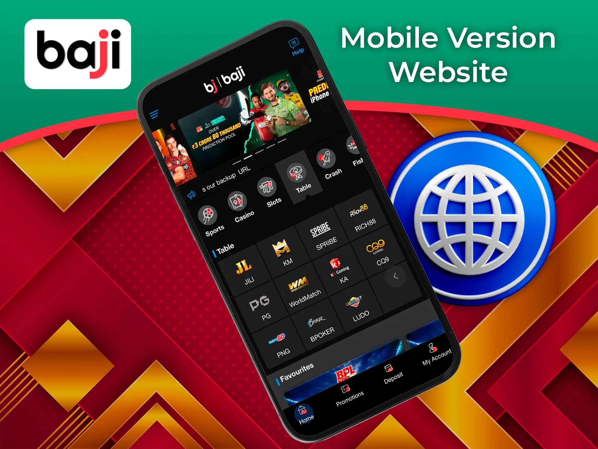Use the mobile version of the Baji website to get instant access to betting and casino games.
