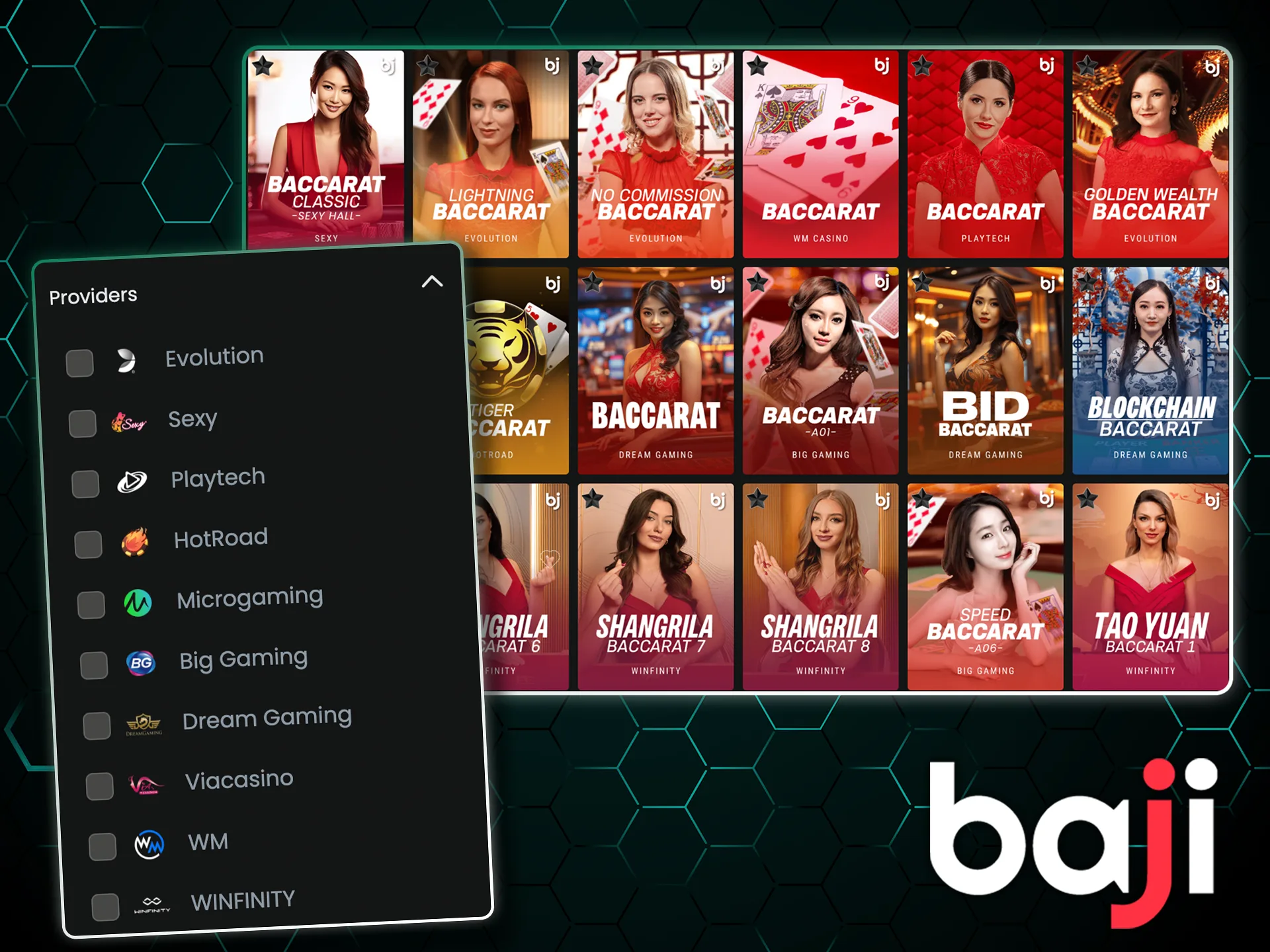Check for all of the available baccarat game providers at the Baji.