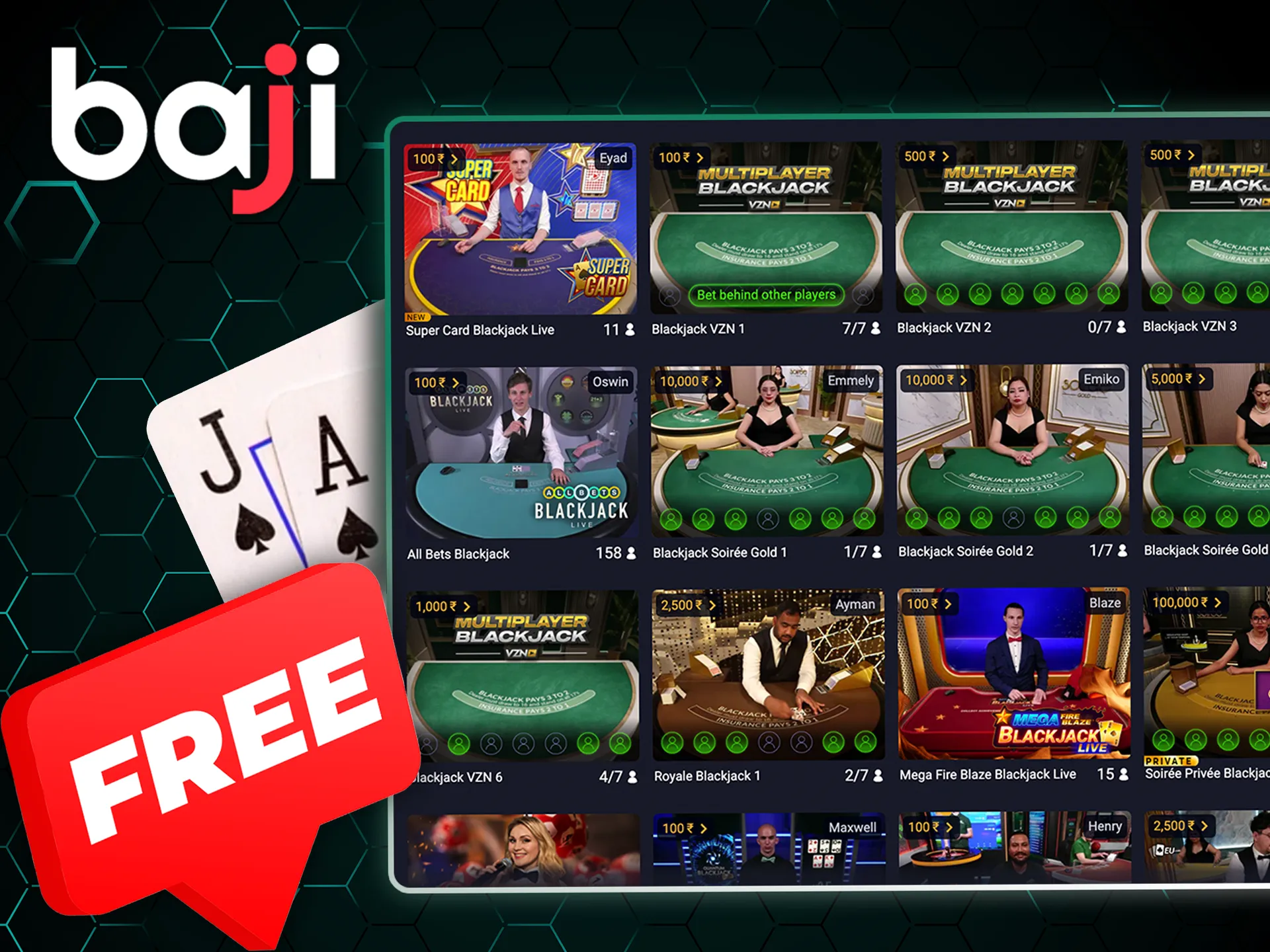 Make bets freely in the free bet blackjack at the Baji.