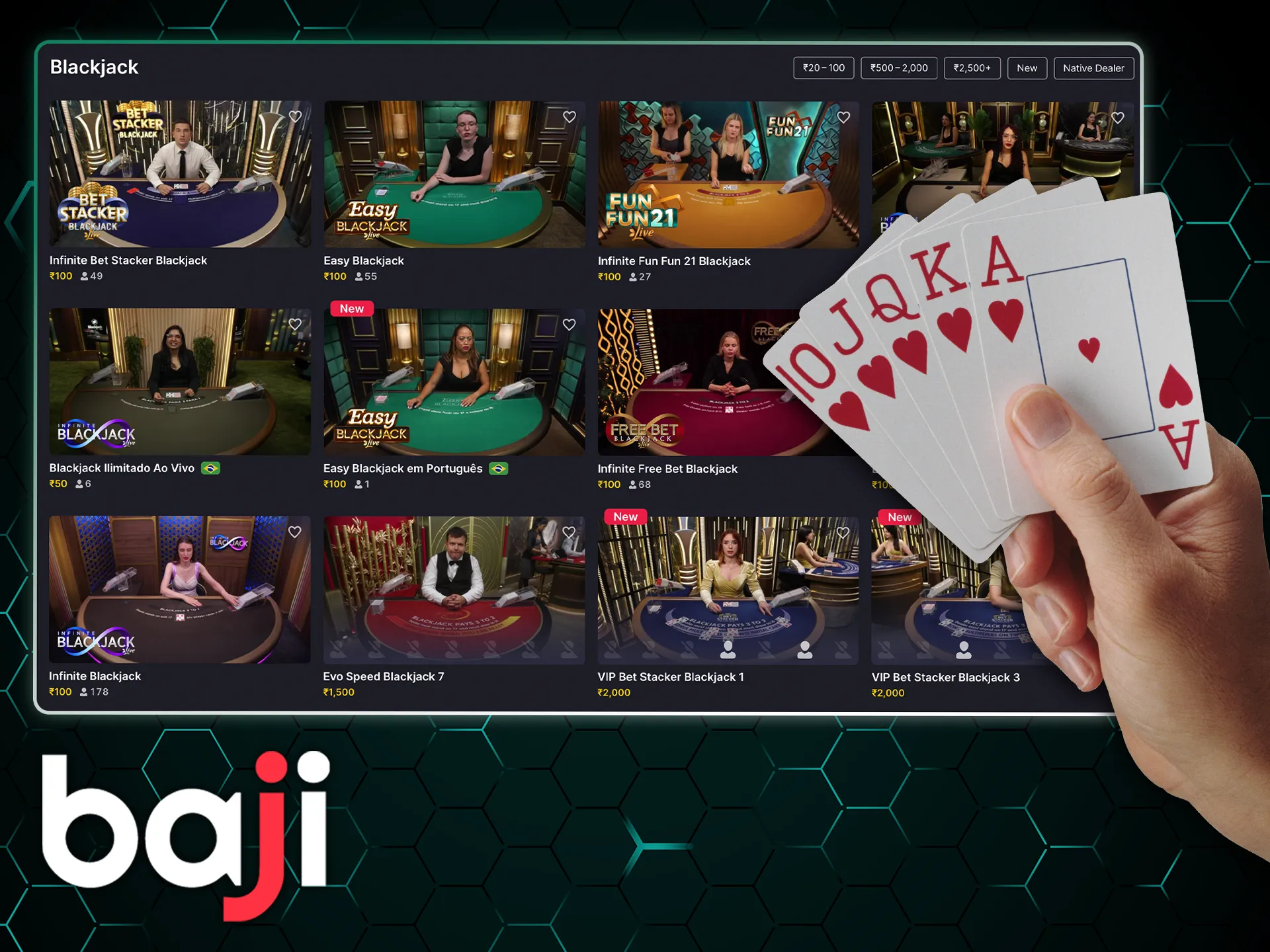 Play blackjack with multiple hands at the Baji.