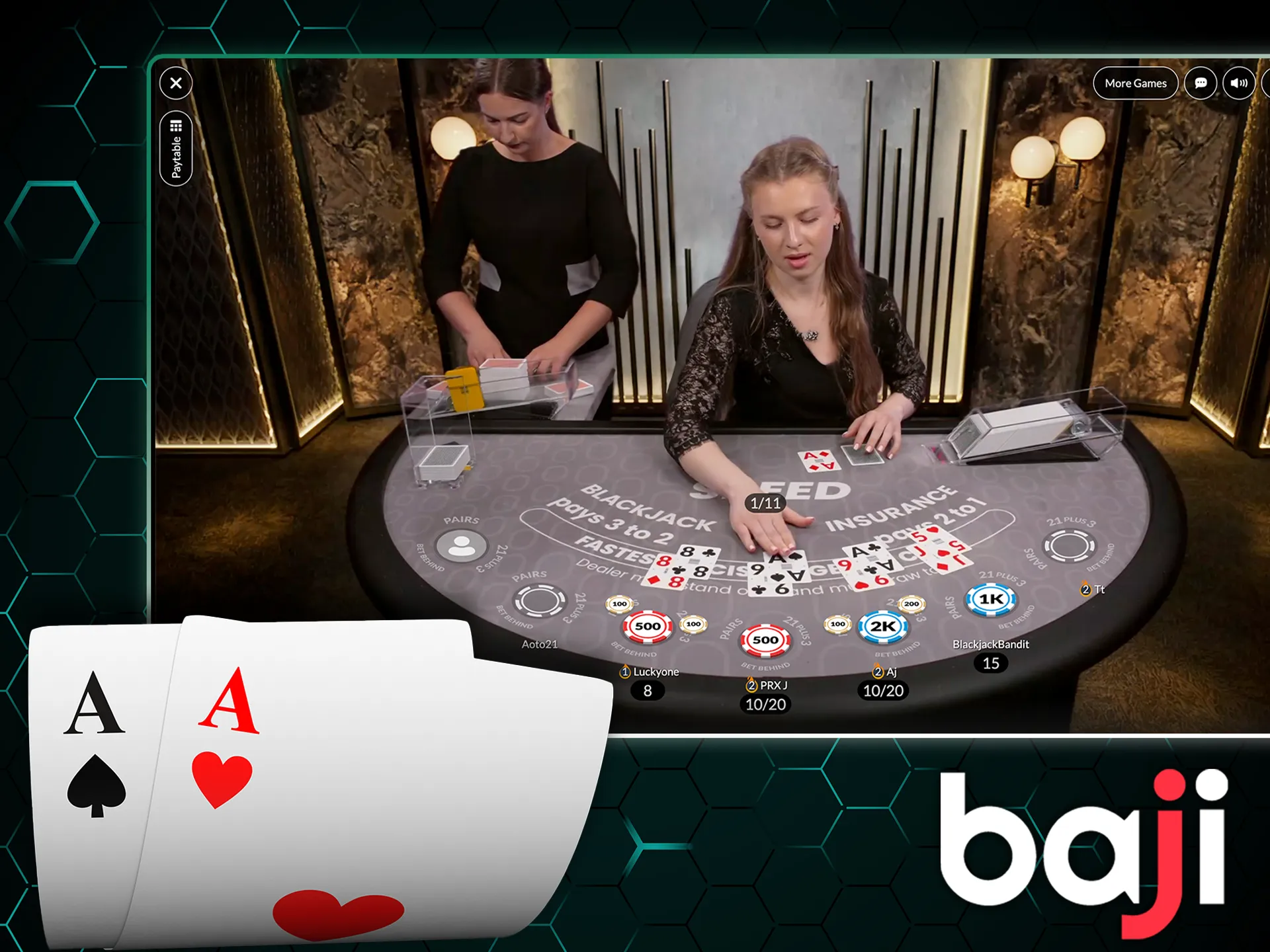 Draw perfect pairs and win money by playing perfect pairs type of blackjack at the Baji.