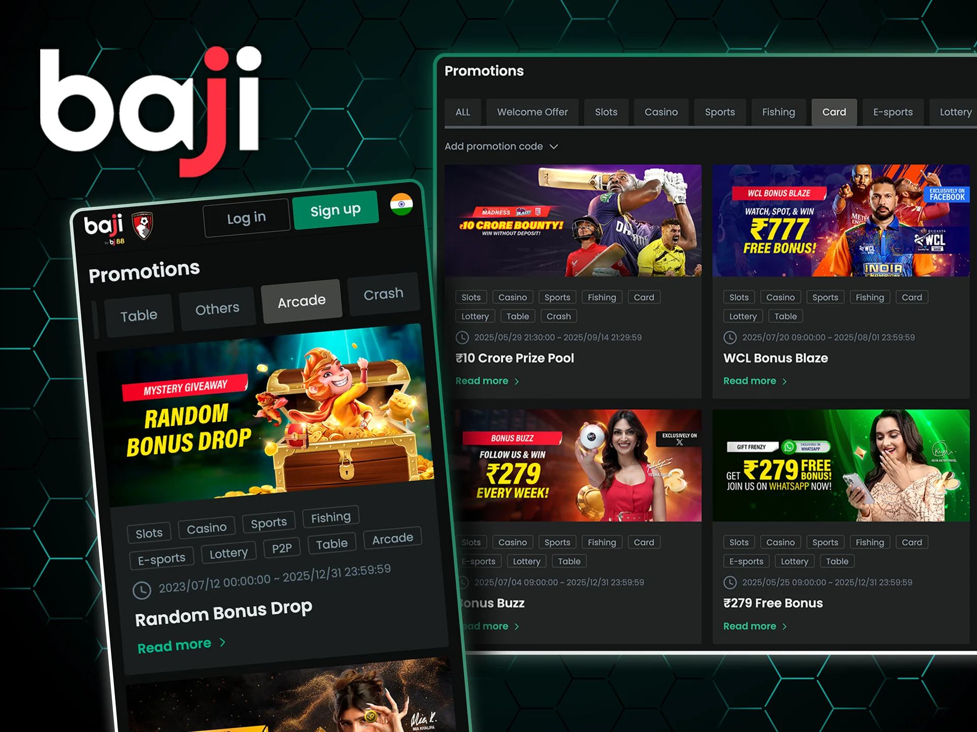 Win a random bonus at Baji Casino for arcade and card games, credited instantly.