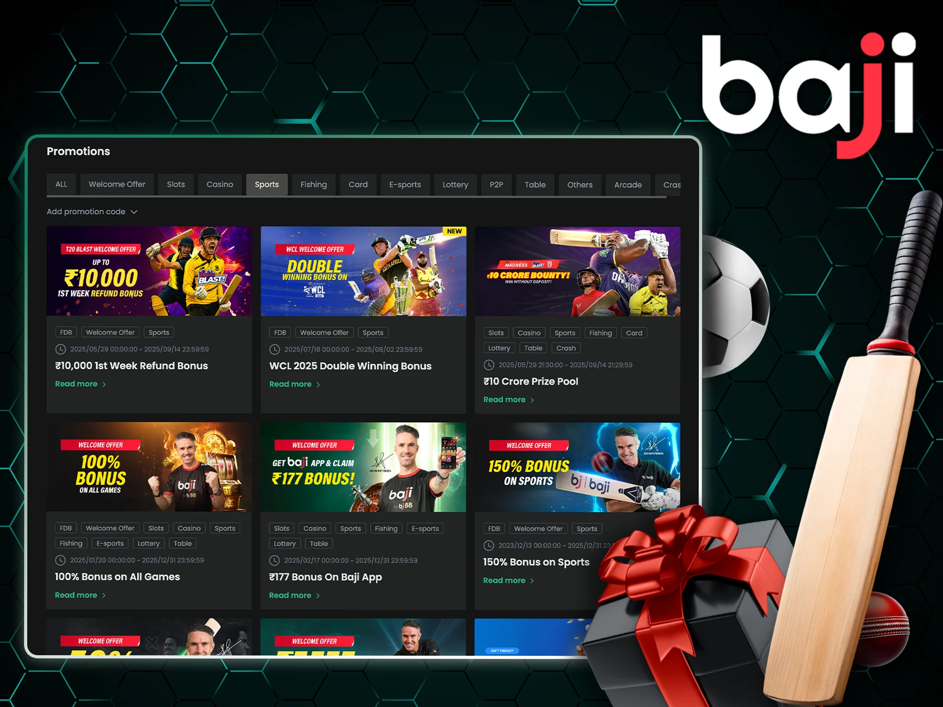 Boost your sports bets at Baji Casino with first deposit bonuses and cashback offers.