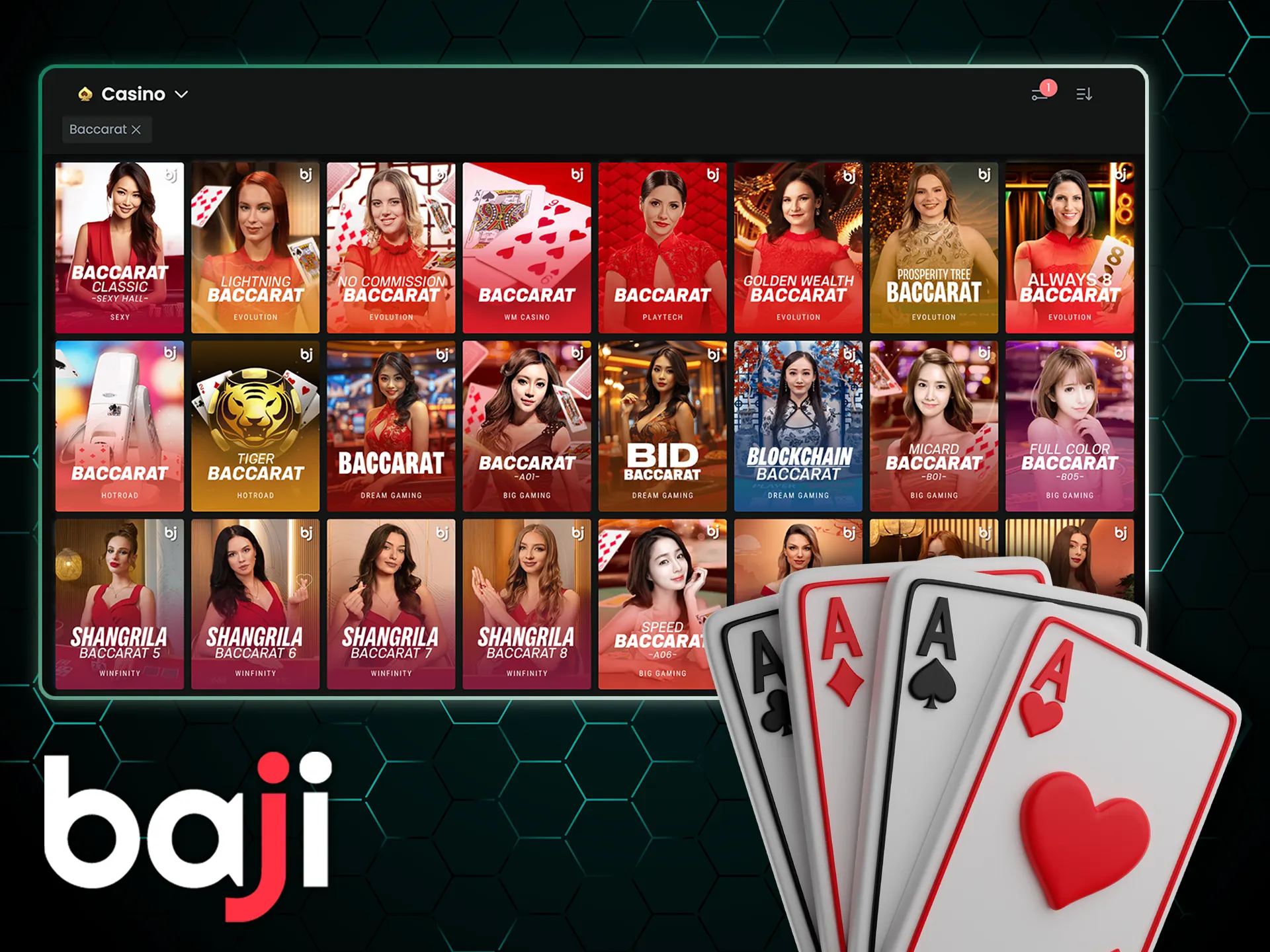 Enjoy thrilling Baccarat games at Baji Casino, where players bet on banker or player.