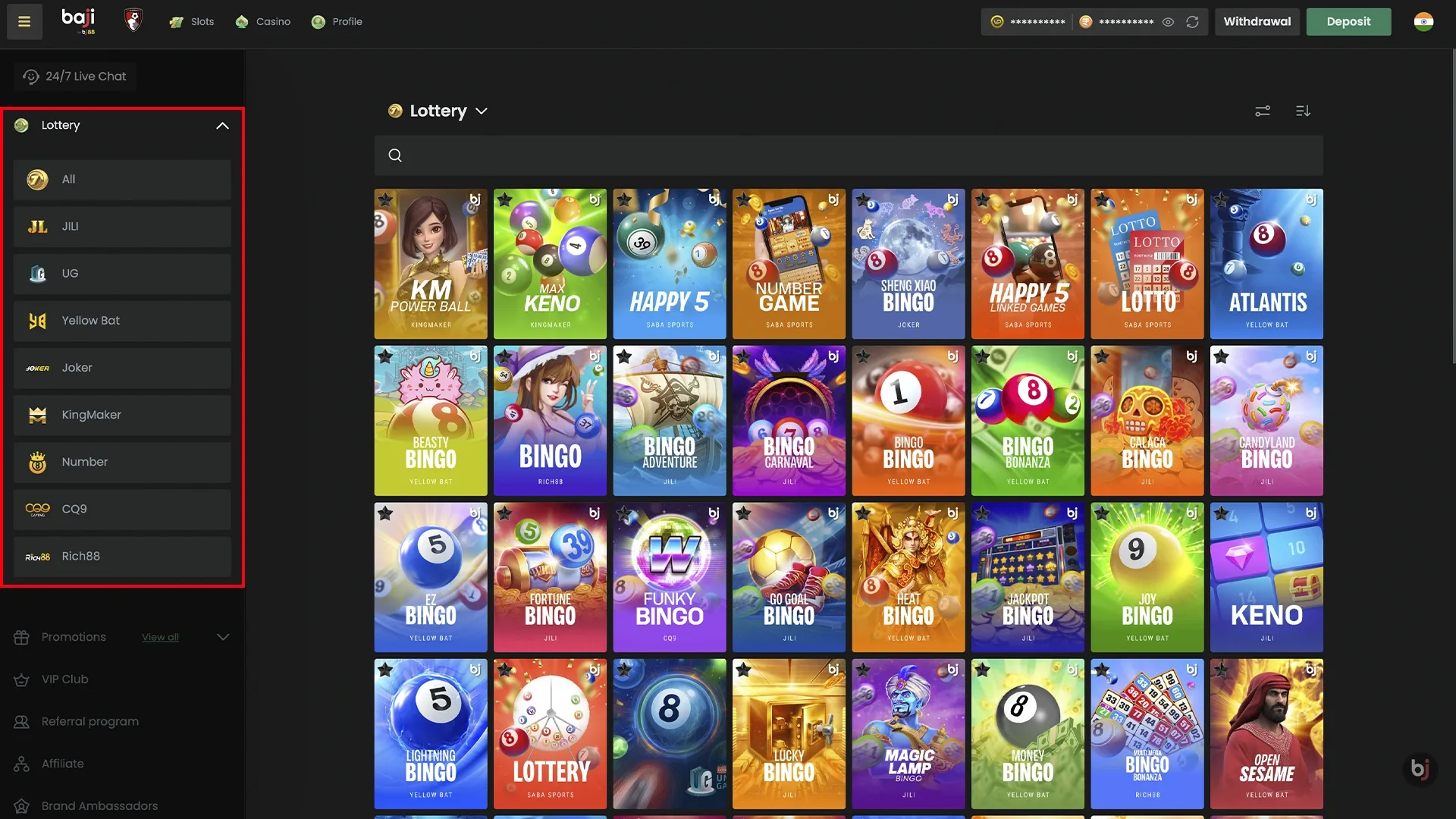 Enjoy playing lottery games at Baji Bet Casino.