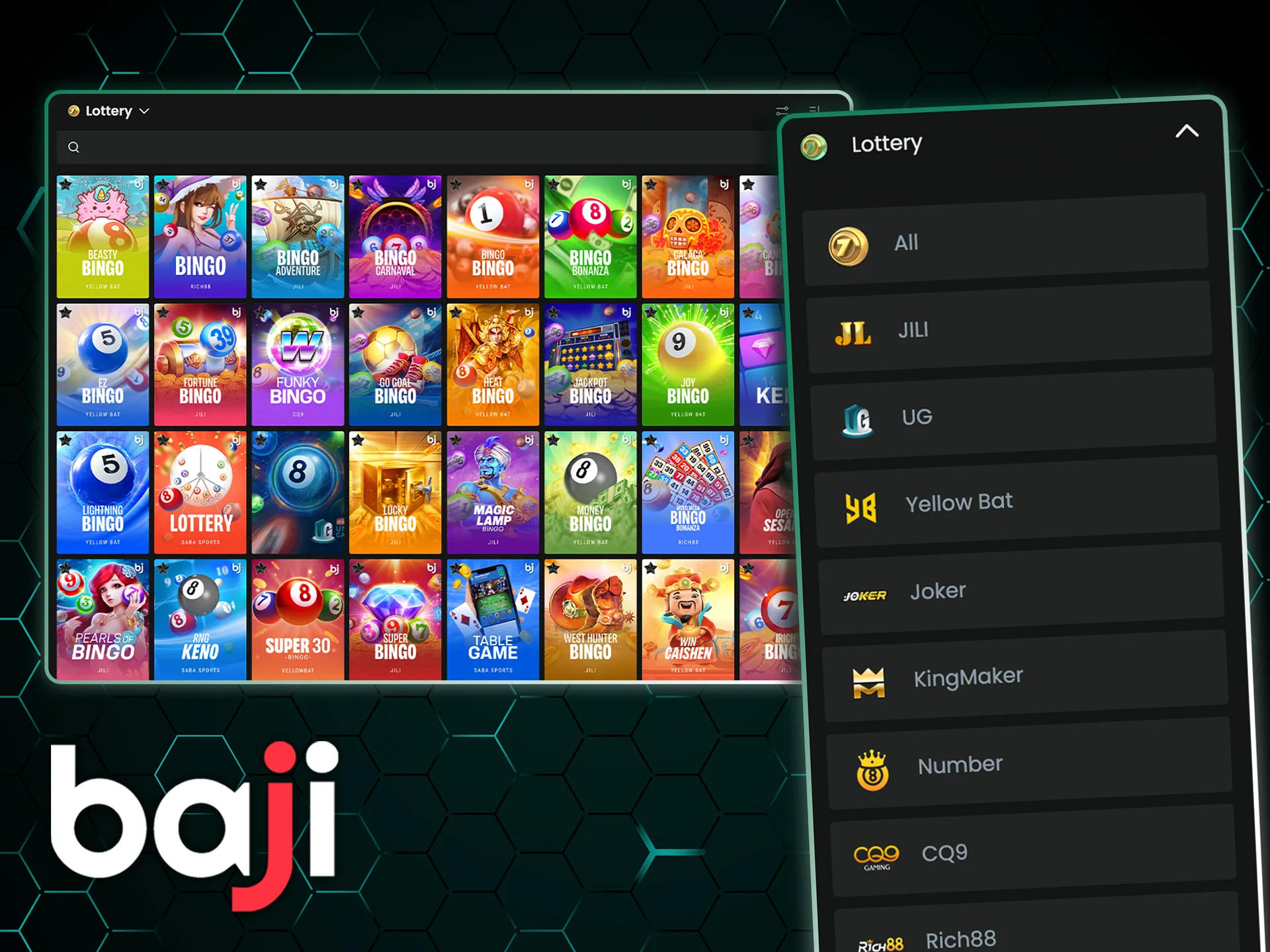 The Baji Bet website features several types of lottery games from popular providers.