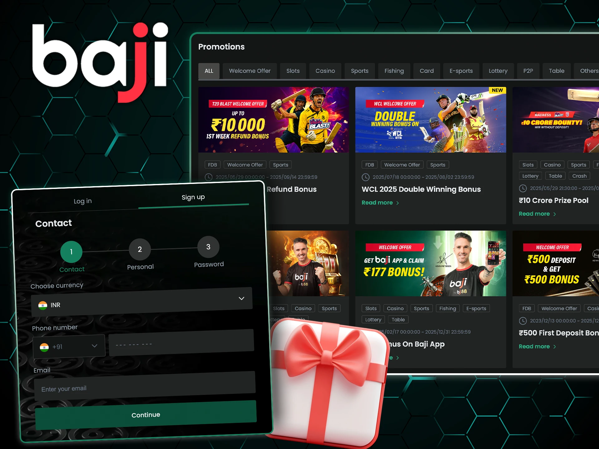 Baji Casino offers various promotions, from slot bonuses to sports refunds and cashback.