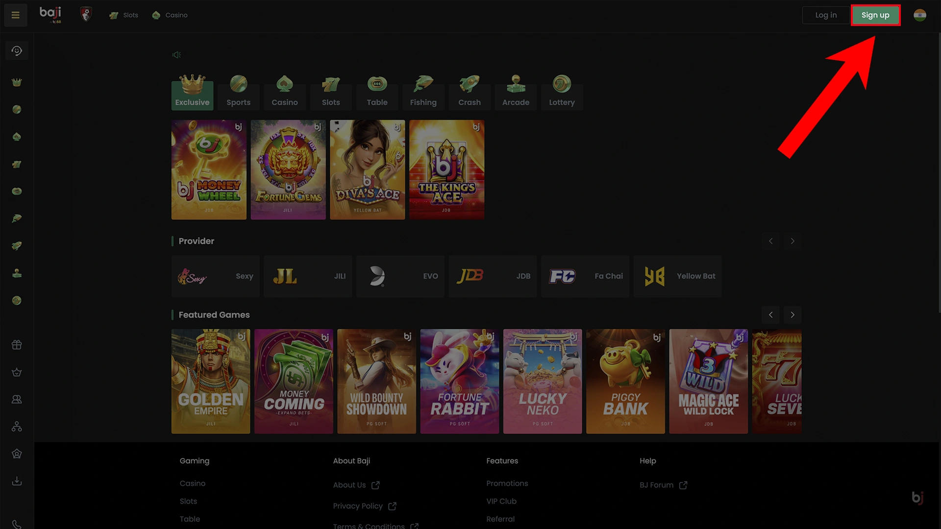 Begin your Baji Casino registration by accessing the platform and clicking Sign Up.