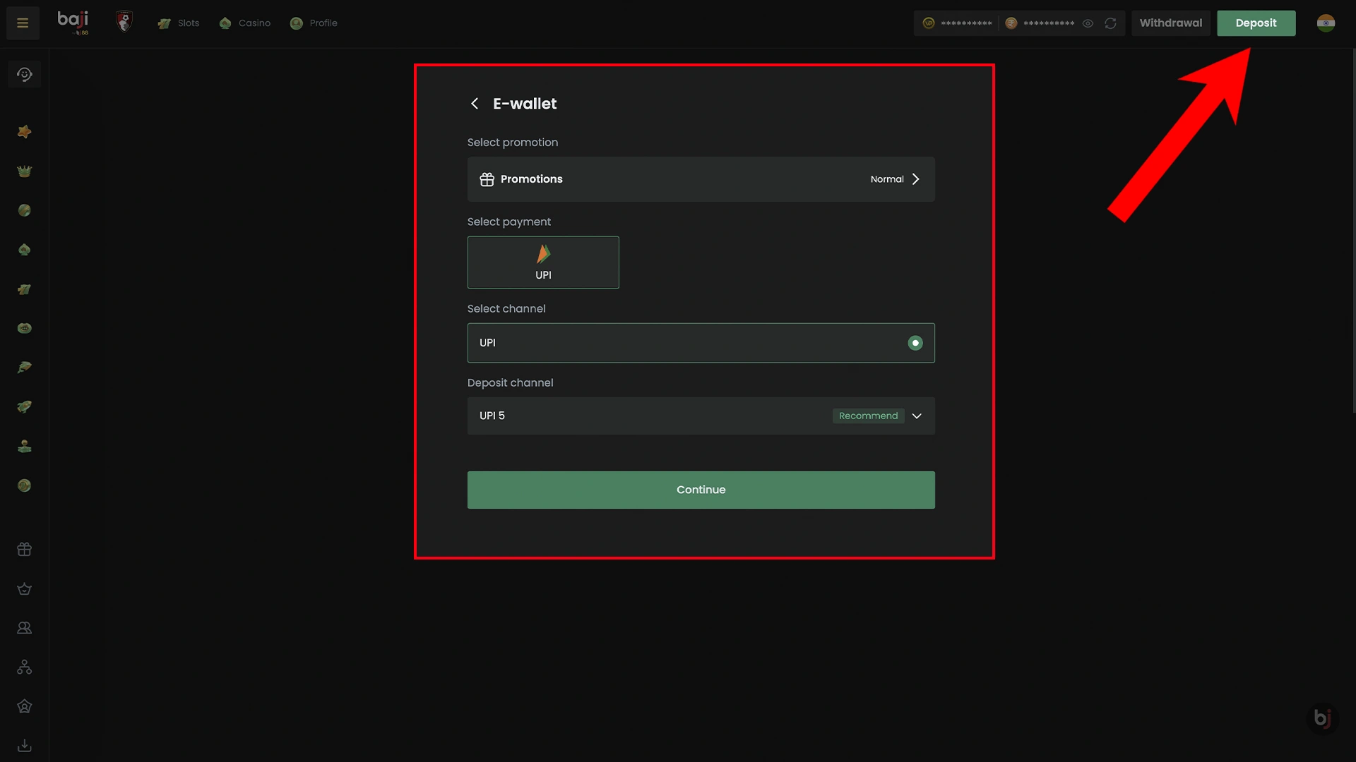 Click on the deposit button after registration.